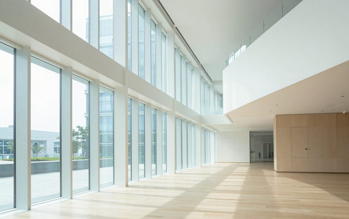 A bright corporate atrium in soft sunlight