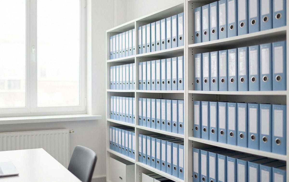 A bright archive room with neatly labelled register folders
