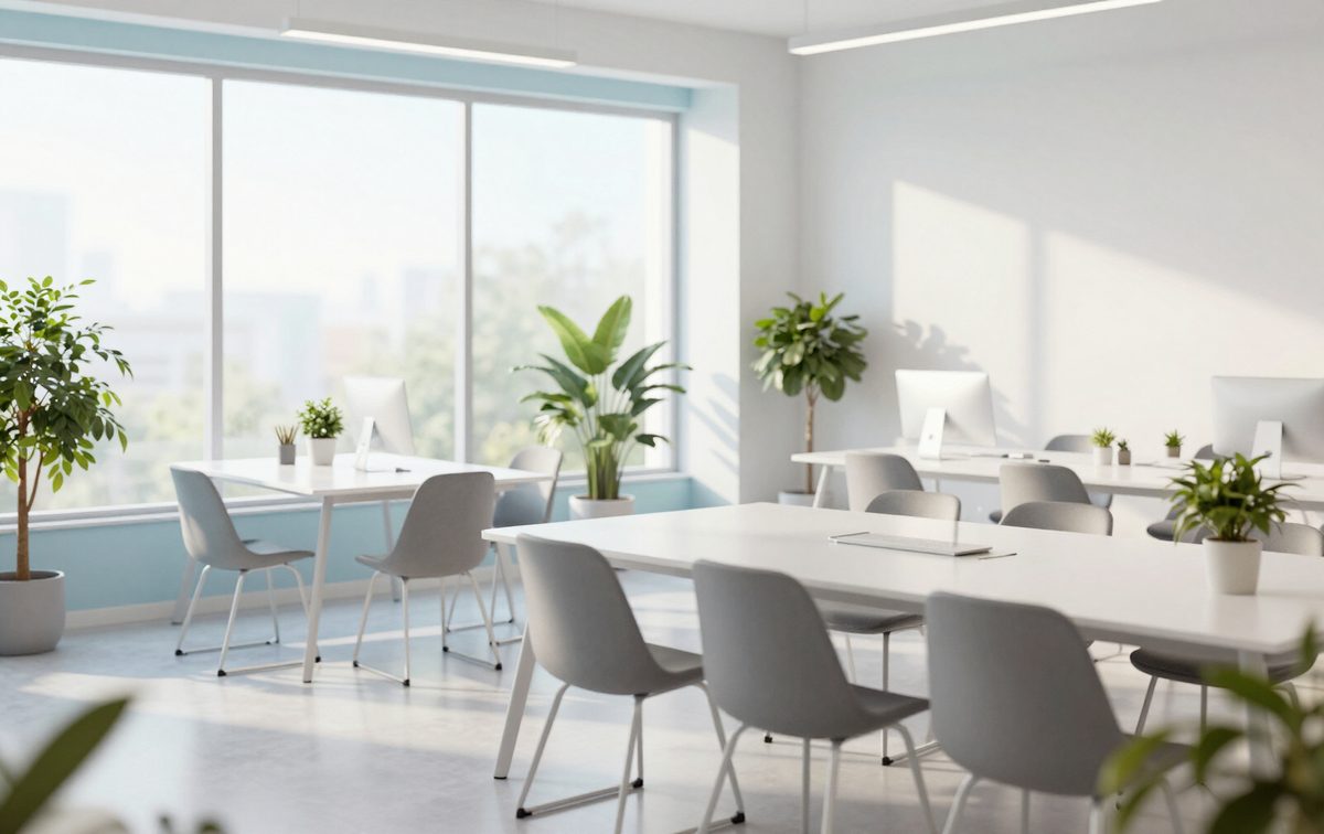 A bright co-working space in morning light