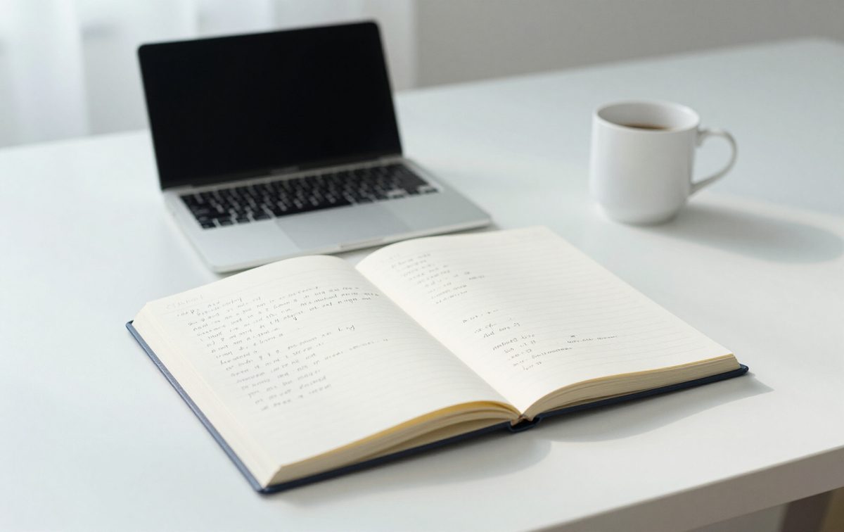 An open notebook and a small computer on a bright desk